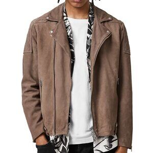 AllSaints Priory Biker Jacket Mens Small Taupe Goat Suede Leather Motorcycle